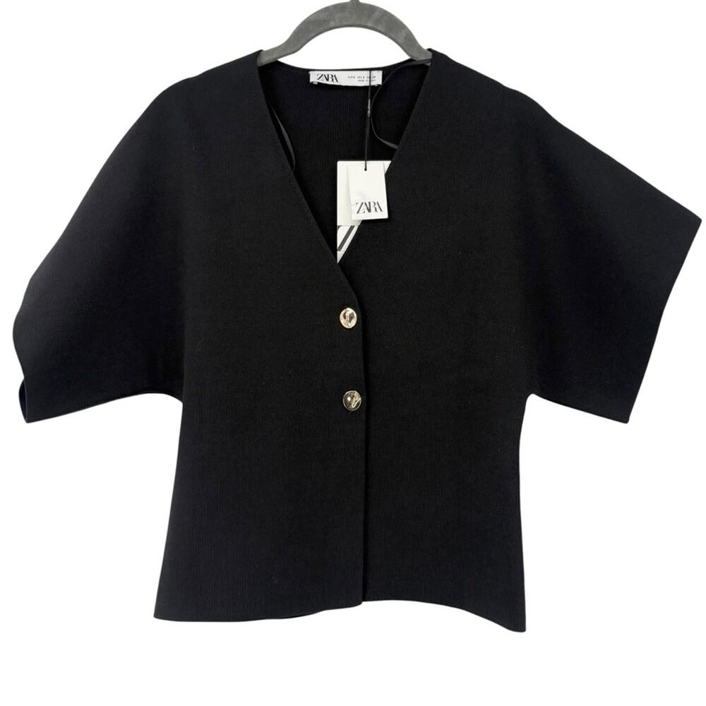 Zara Black Knit Top Oversized Structured 2 Gold Button V Neck NWT Size Small - Picture 4 of 9